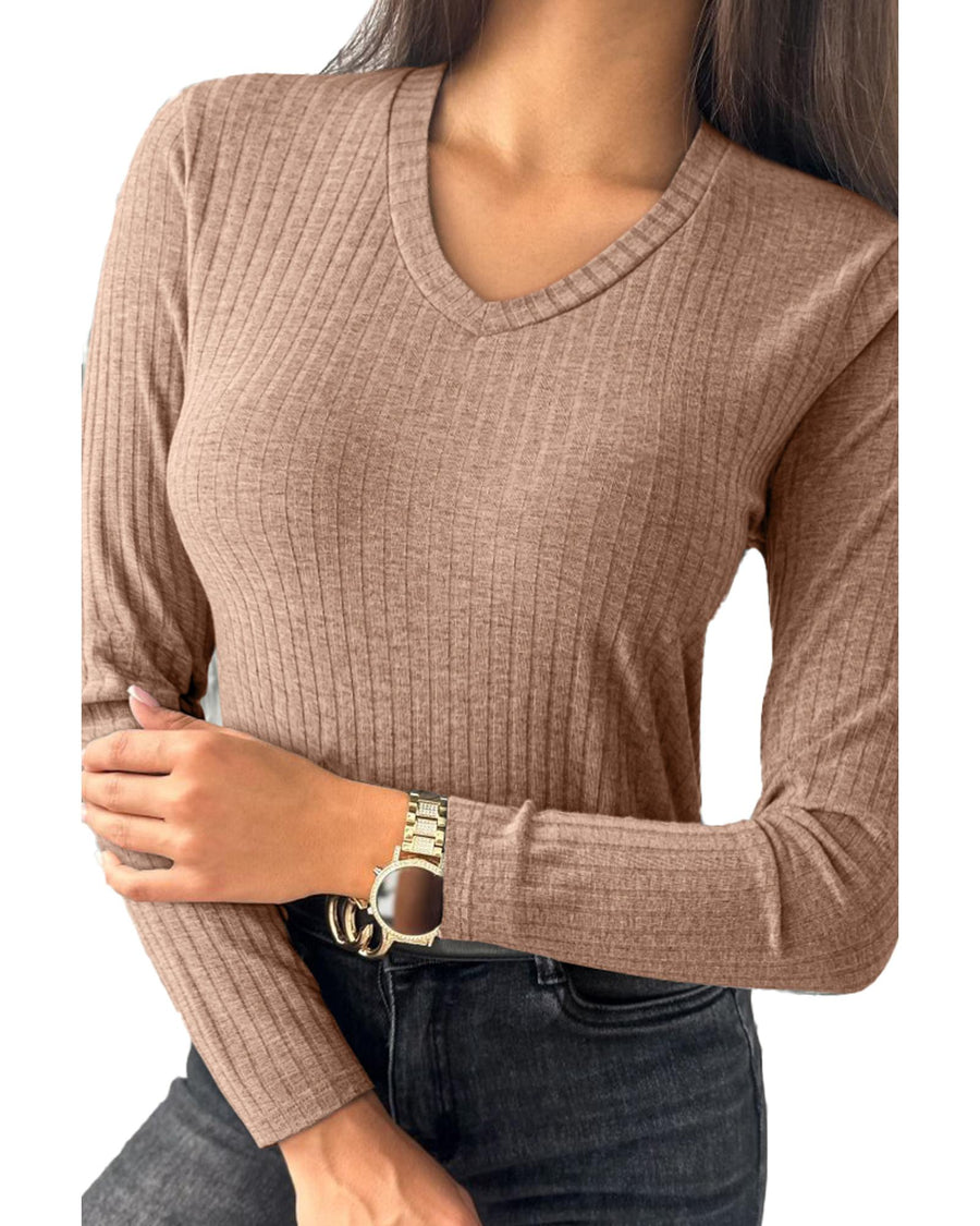 Straw Yellow Ribbed Knit V Neck Long Sleeve Slim Fit Top - M