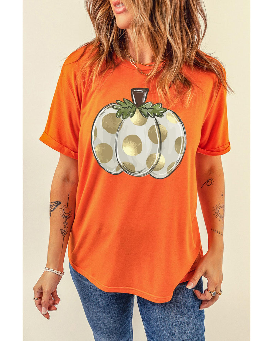 Orange Thanksgiving Pumpkin Pattern Crew Neck Short Sleeve Top - S