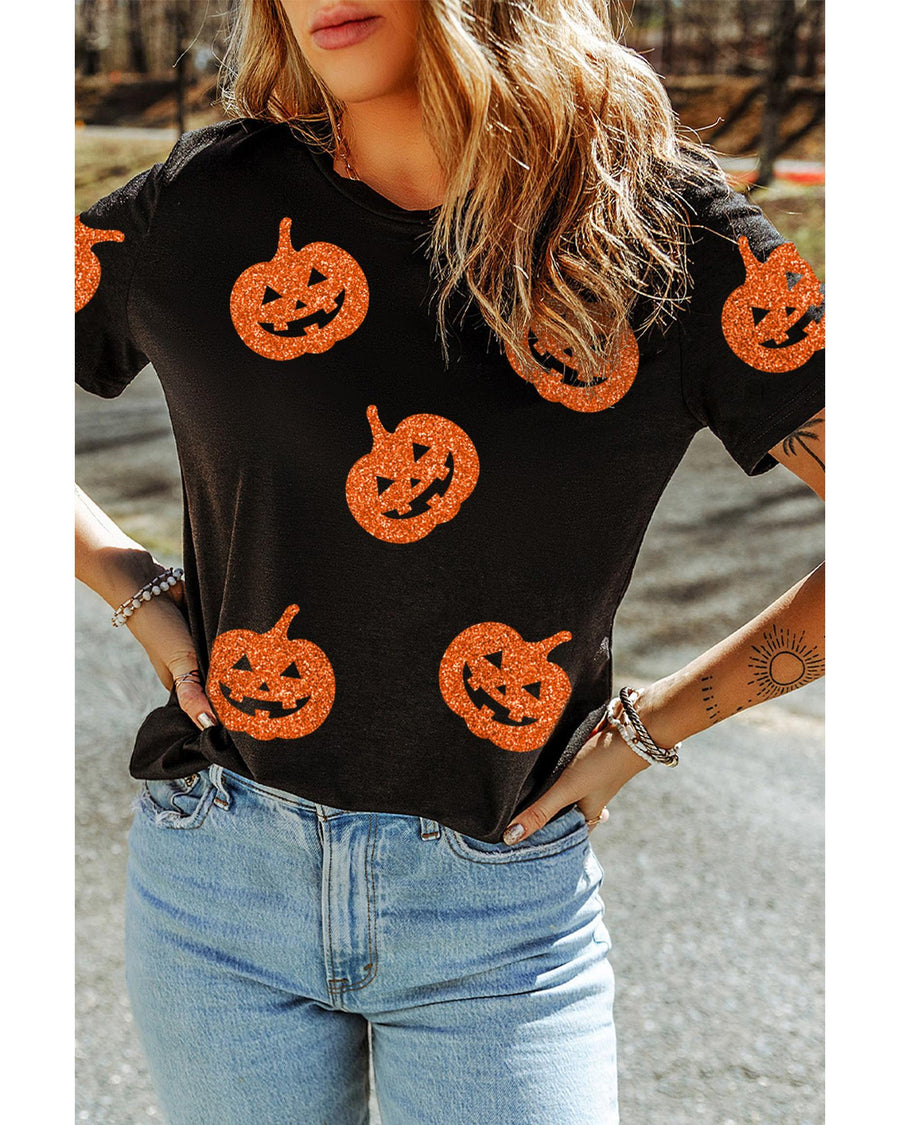 Black Glittering Pumpkin Face Graphic Crewneck Halloween T Shirt - 2XL