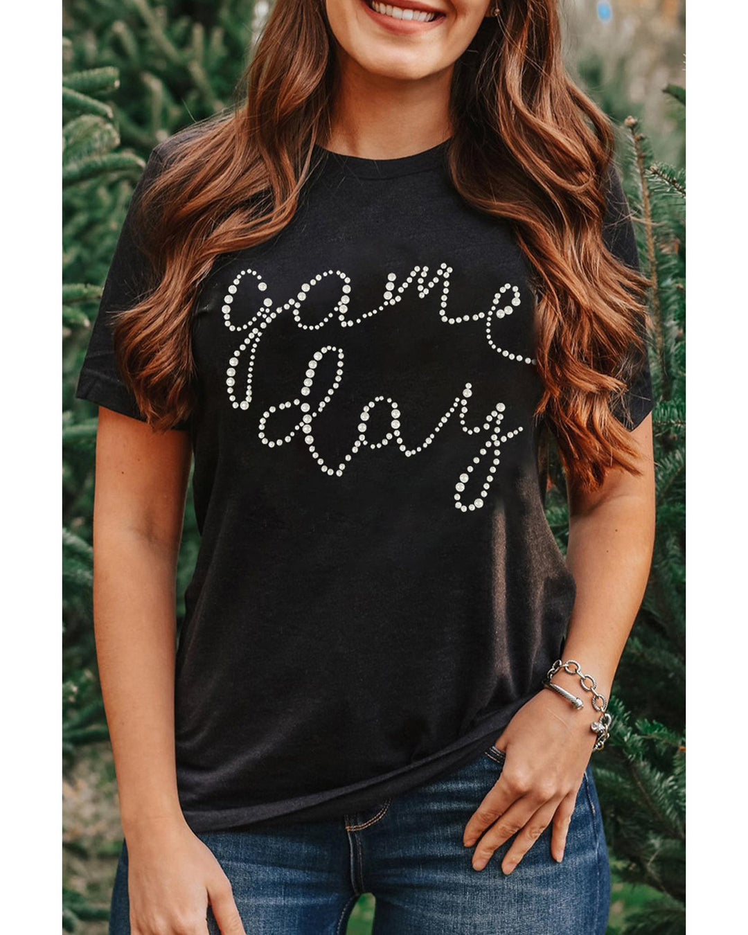 Black Shiny Rhinestone game day Pattern Crewneck T Shirt - 3XL