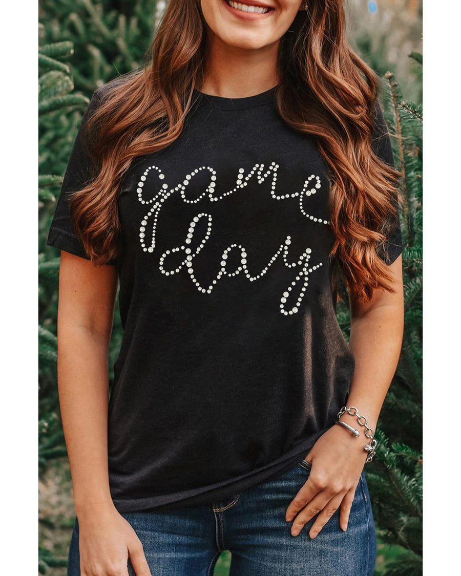 Black Shiny Rhinestone game day Pattern Crewneck T Shirt - 3XL