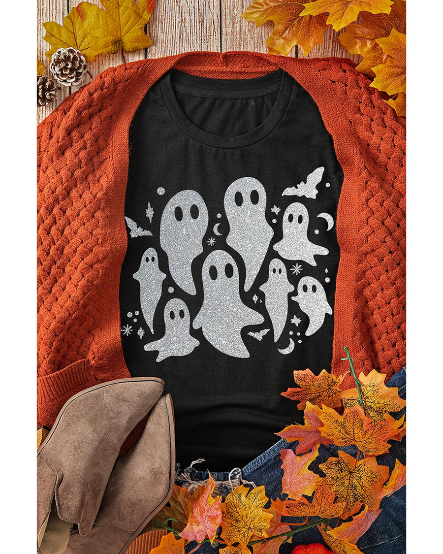 Black Halloween Glitter Ghost Pattern Crew Neck T Shirt - 3XL