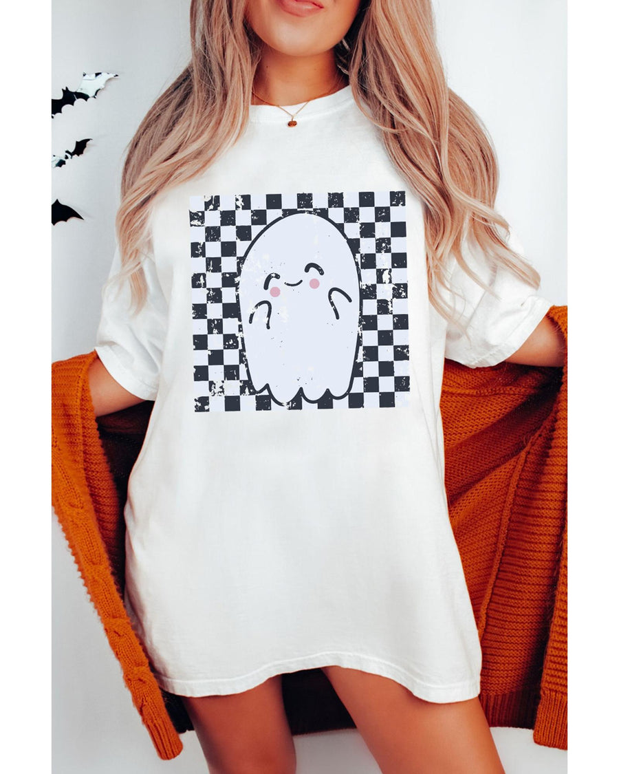 White Checkered Ghost Print Crew Neck Oversized T Shirt - M