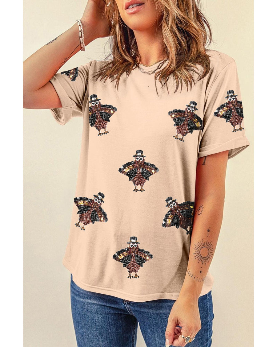 Khaki Sequined Turkey Patched Pattern Crewneck Thanksgiving T Shirt - XL