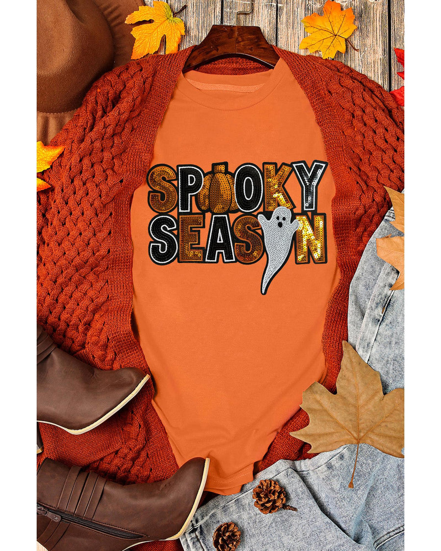 Orange Sequin SPOOKY SEASON Ghost Pattern Halloween T Shirt - 3XL