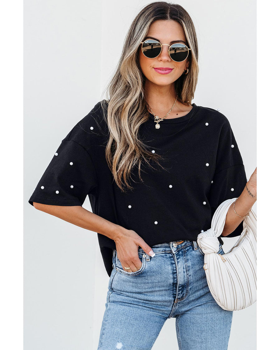 Black Pearl Beaded  Drop Shoulder Crewneck T Shirt - M