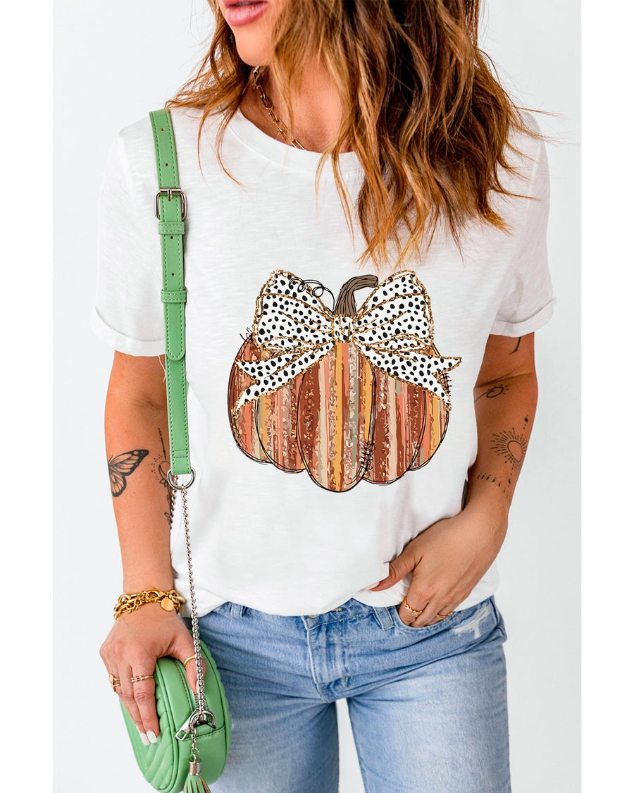White Thanksgiving Bow Knot Pumpkin Print Round Neck T Shirt - 2XL