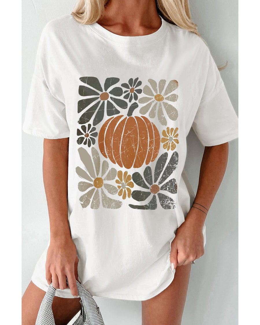 White Thanksgiving Pumpkin Print Loose Crewneck Tunic T Shirt - M