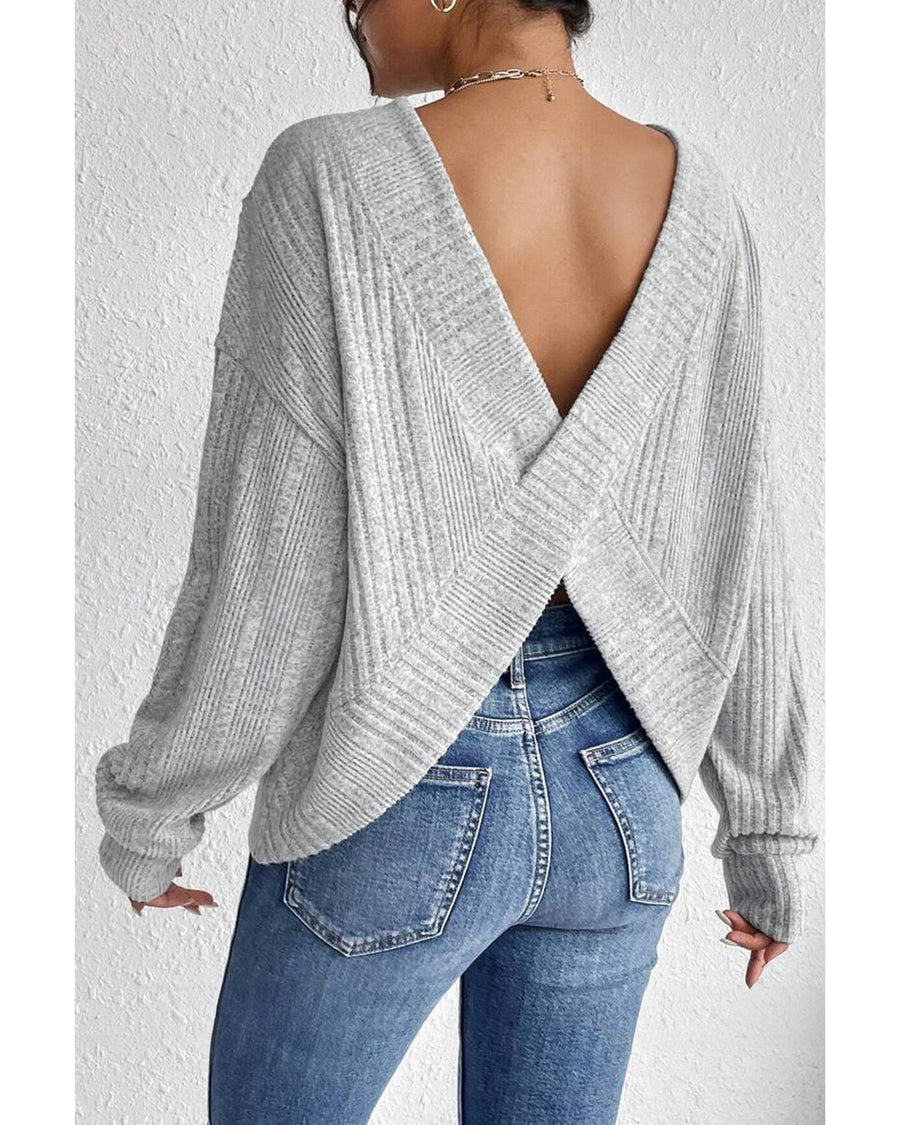 Light Grey Textured Crossover Backless Knit Long Sleeve Top - L