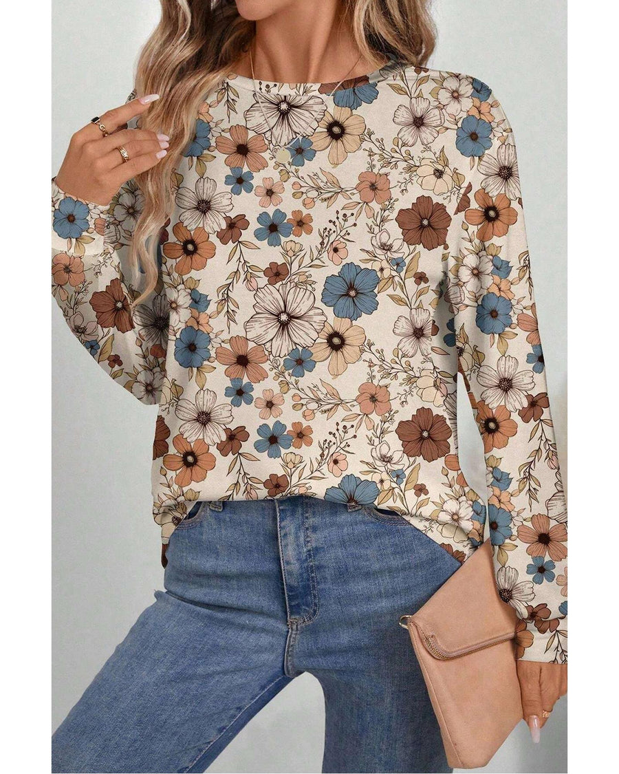 Khaki Floral Print Loose Crew Neck Long Sleeve T Shirt - S