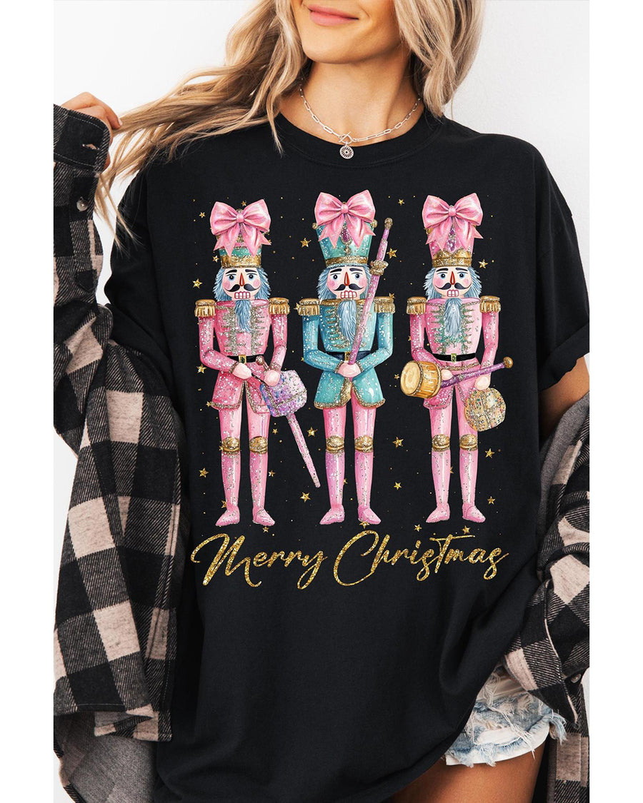 Black Nutcracker Merry Christmas Printed Crewneck T Shirt - L