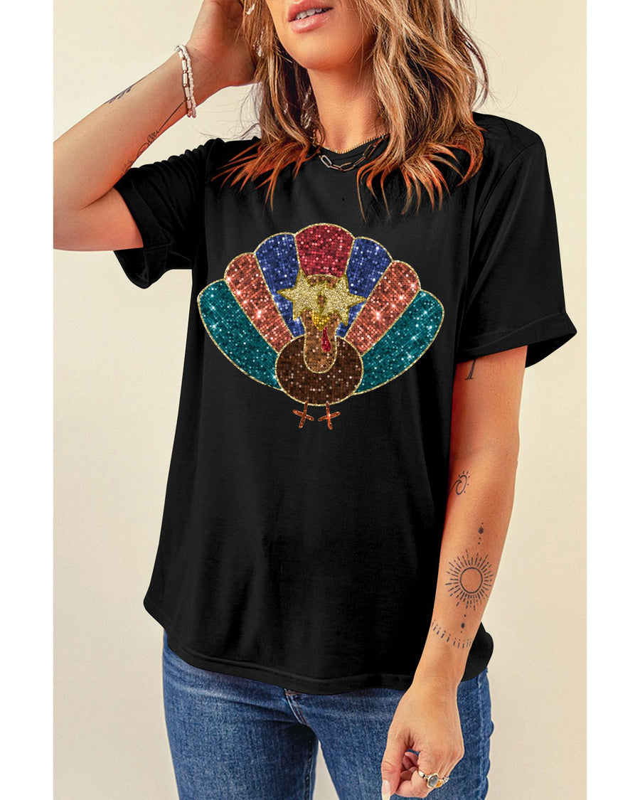 Black Glitter Turkey Heat Transfer Printing Thanksgiving T Shirt - M