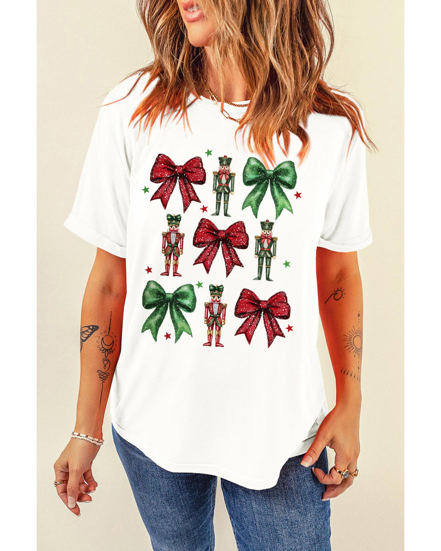 White Bowknot Nutcracker Printed Crewneck Christmas T Shirt - XL
