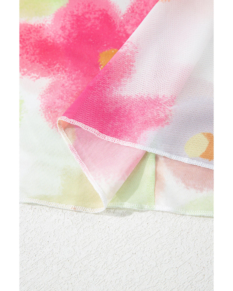 Multicolour Floral Mesh Lettuce Trim Cropped T Shirt - L