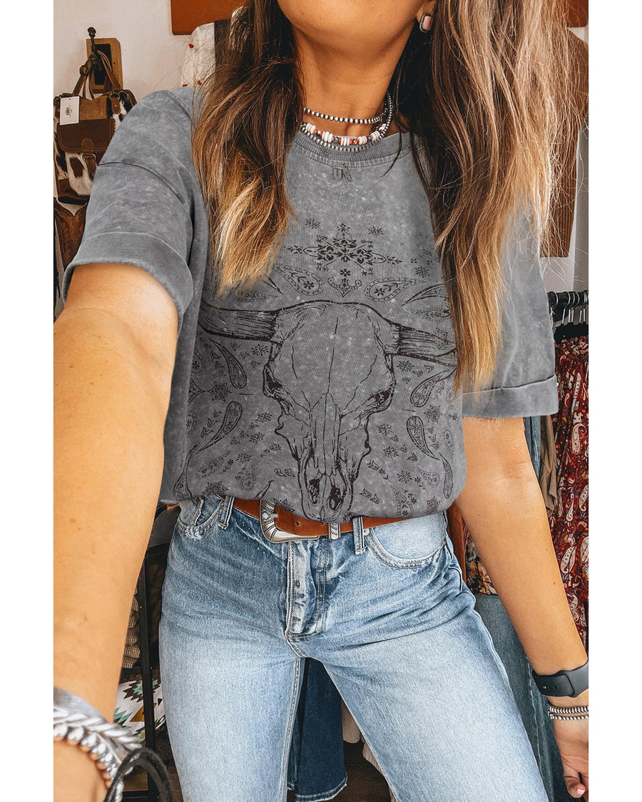 Light Grey Western Steer Head Tie Dye Print Crew Neck T Shirt - XL