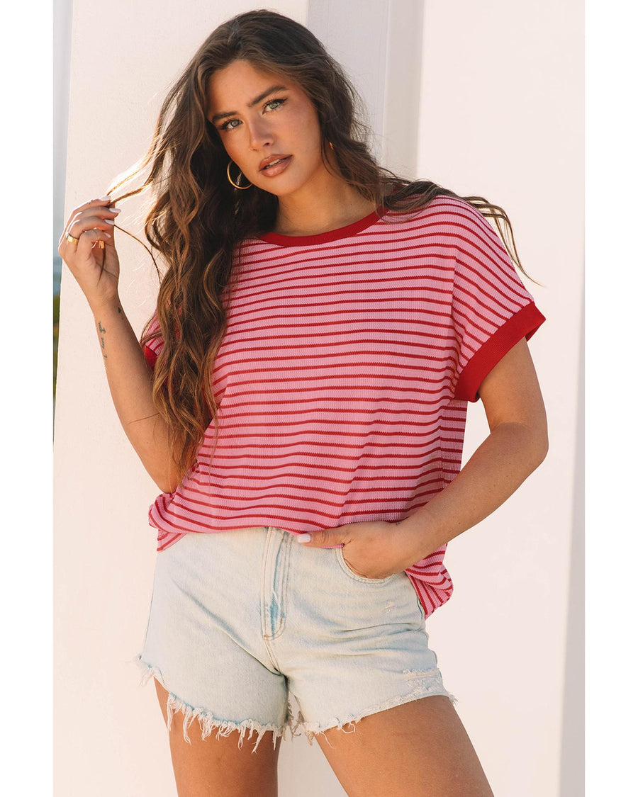 Pink Stripe Knitted Round Neck T Shirt - S