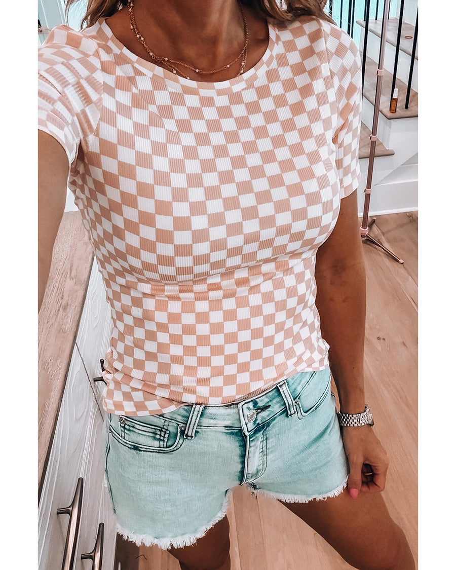 Pink Checkered Ribbed Slim Fit Crew Neck T Shirt - S