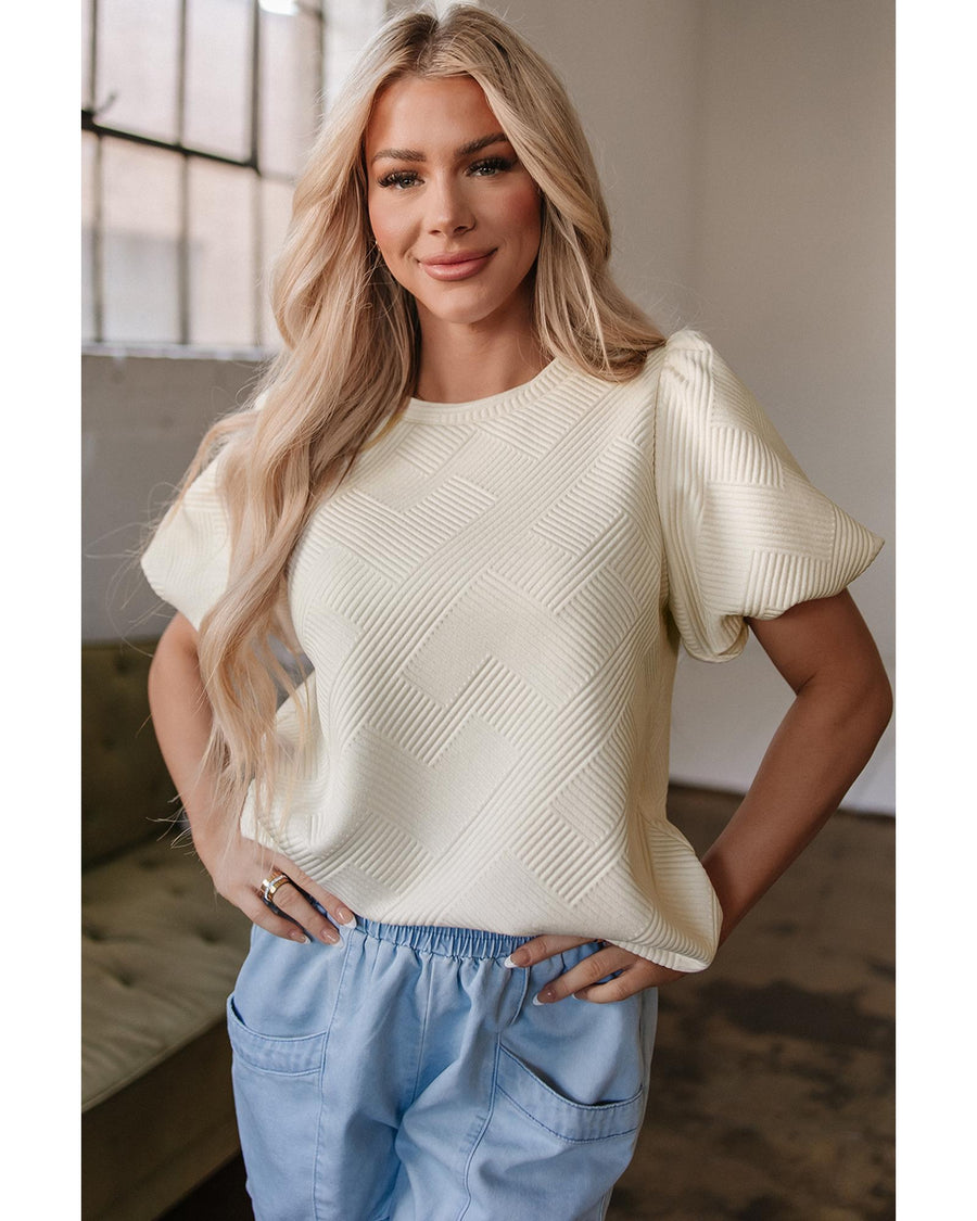 Oatmeal Textured Puff Sleeve T-shirt - XL