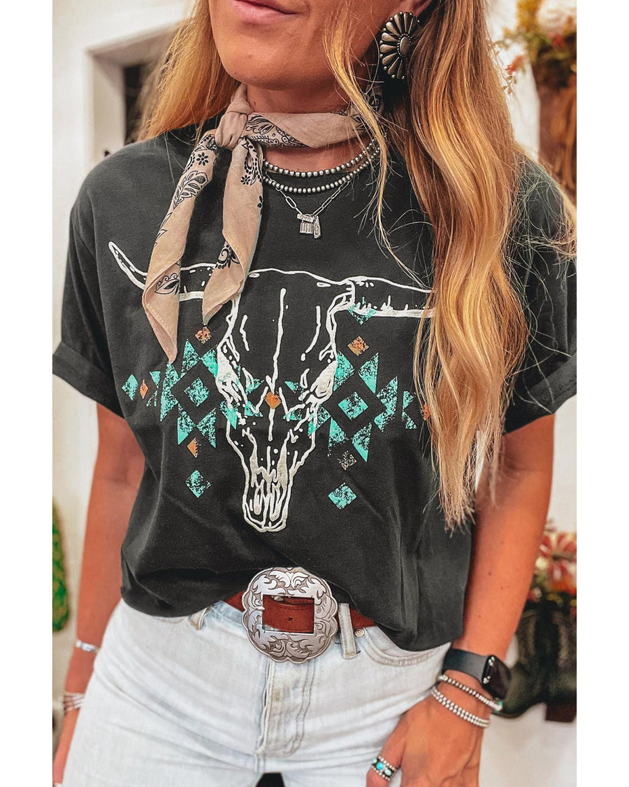 Carbon Grey Vintage Western Bull Head Skull Turquoise Aztec Graphic T Shirt - S