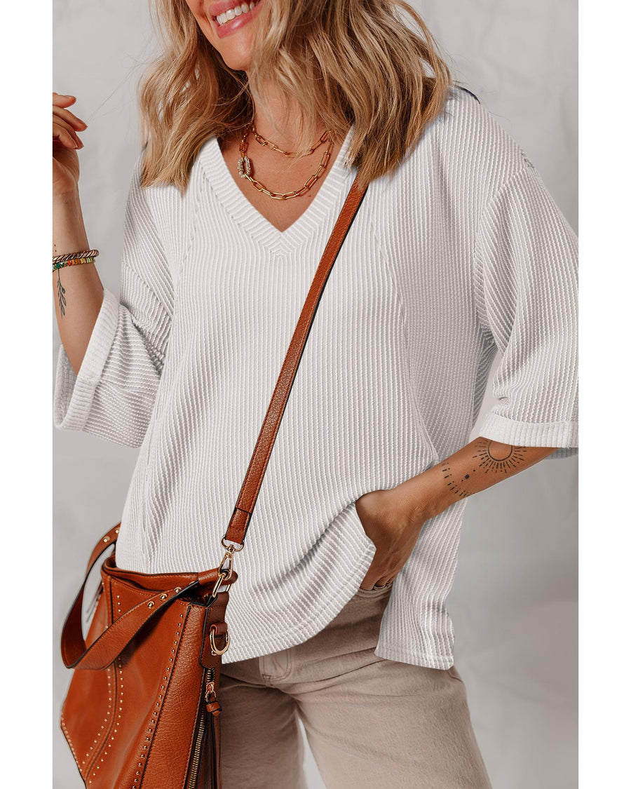White Solid Color Corded Drop Shoulder 3/4 Sleeve V Neck Top - S