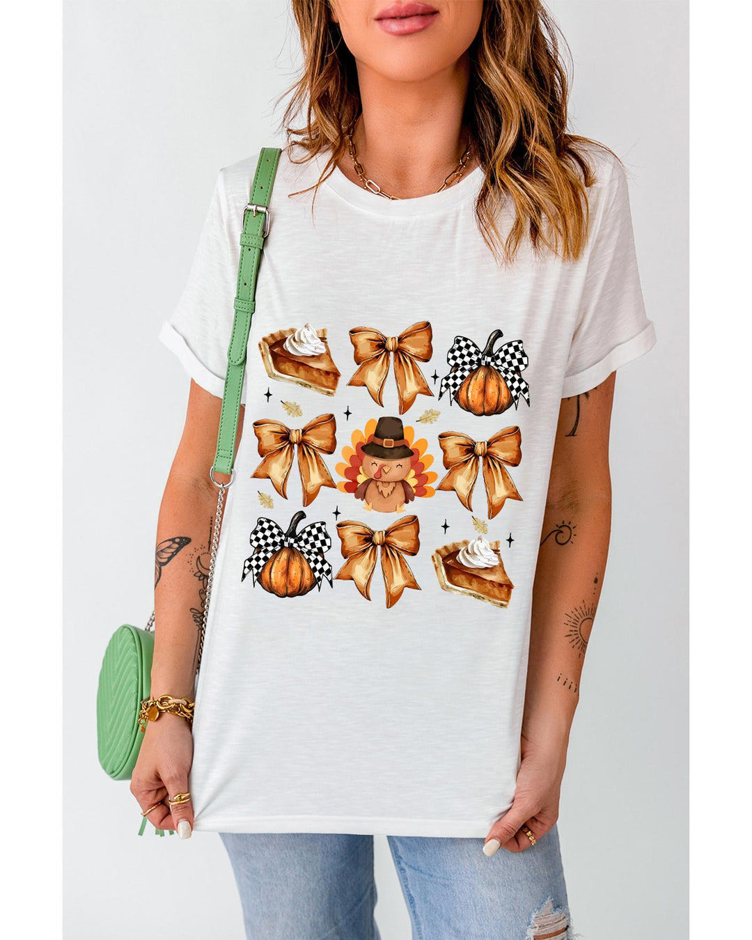 White Cute Bowknot Tanksgiving Graphic Crewneck T Shirt - M