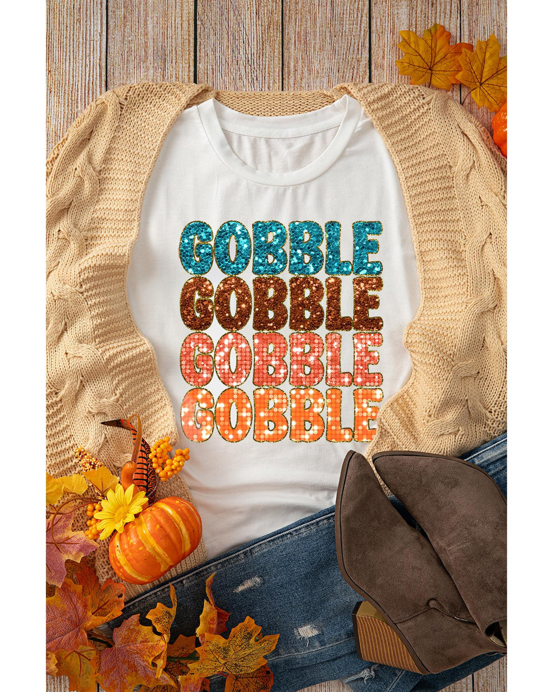 White Heat Transfer GOBBLE Graphic Crewneck Thanksgiving T Shirt - M