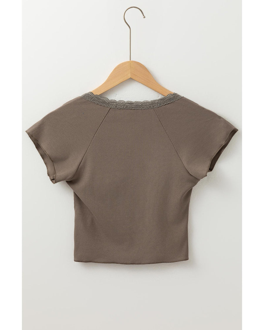 Dark Brown Lace Splicing Criss Cross Slim Fit V Neck T Shirt - L