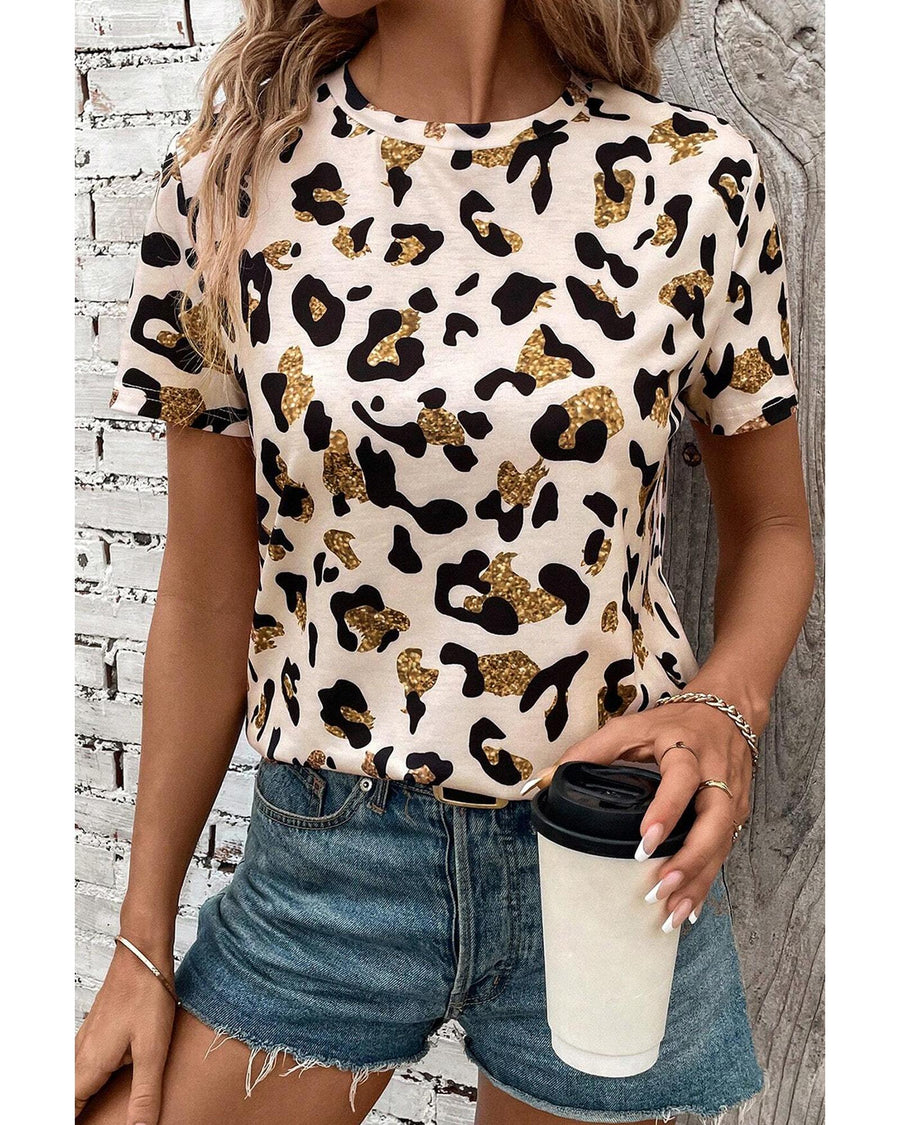 Apricot Leopard Print Round Neck Casual T Shirt - L