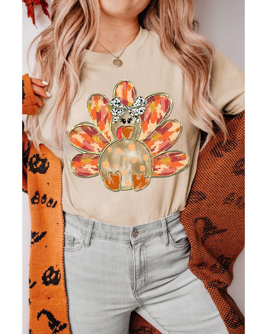 Khaki Thanksgiving Bowknot Turkey Graphic Crewneck Tee - M