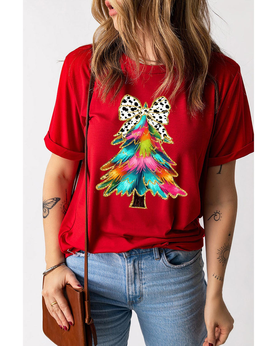 Red Bow Decor Christmas Tree Graphic Holiday T Shirt - S
