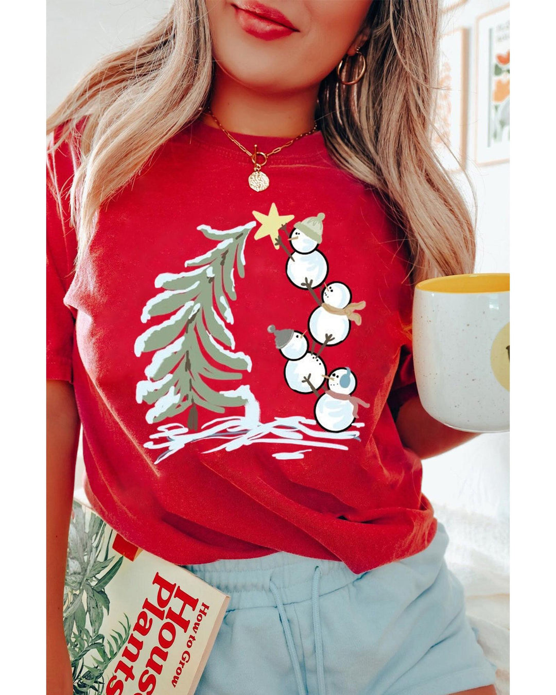 Red Christmas Tree Snowman Printed Crewneck T Shirt - M