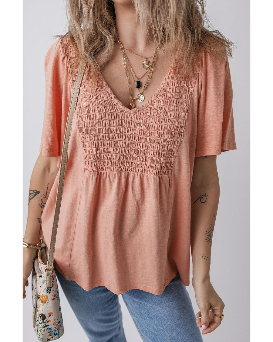 Fushia Smocked Front V Neck Pleated Babydoll Short Sleeve Top - XL