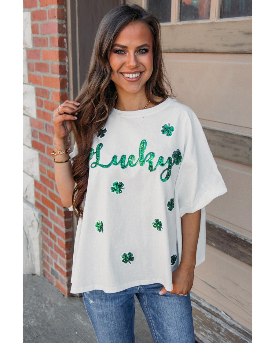 White St Patrick Lucky Clover Sequin Graphic T Shirt - L