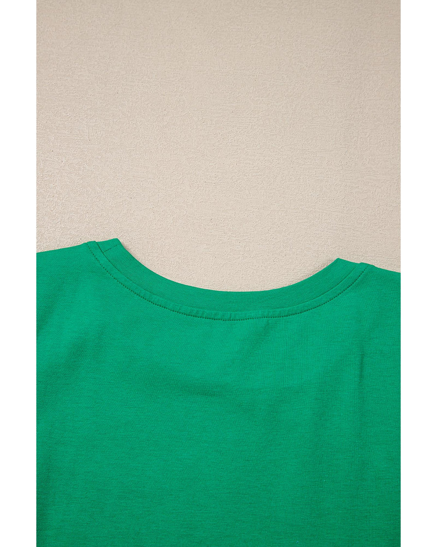 Dark Green Embroidered Ruffled Sleeve Slim Fit Crew Neck Top - XL