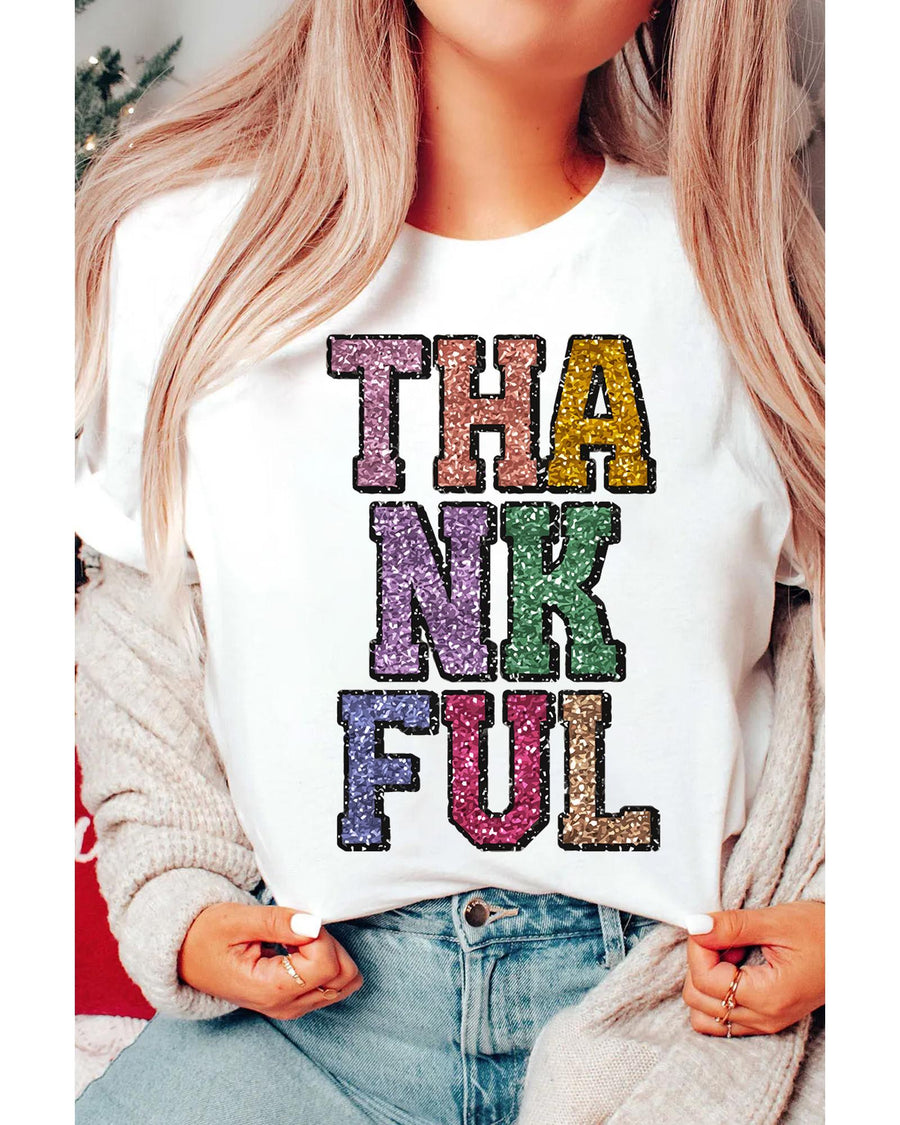 White Heat-transfer Printed THANKFUL Letter Graphic T Shirt - S