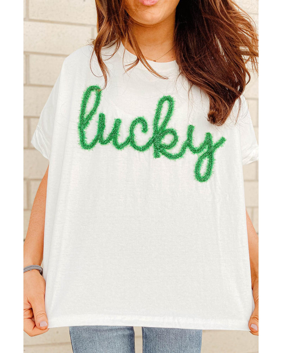 White Lucky Tinsel Graphic St Patrick Fashion Tee - L