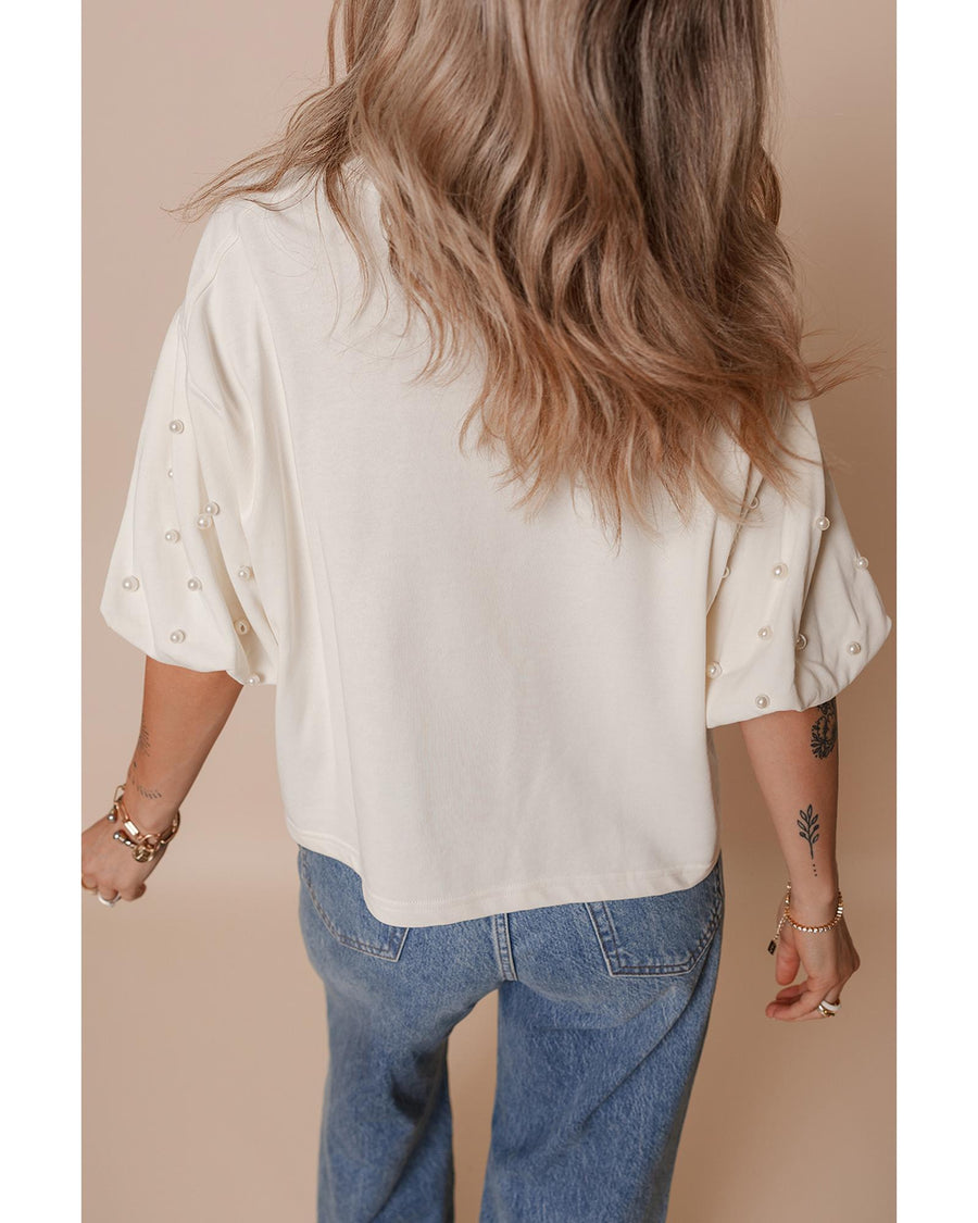 White Pearled Puff Sleeve Round Neck Loose Top - M