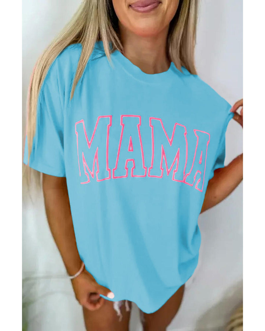 Light Blue MAMA Letter Graphic Neon T Shirt - L