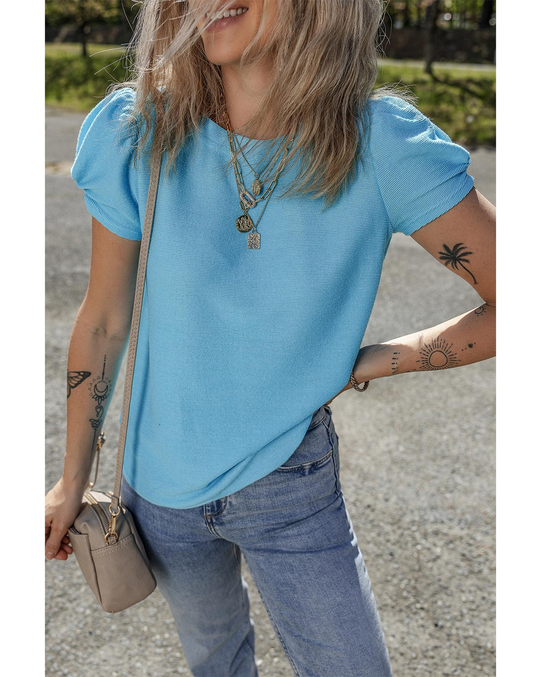 Light Blue Bubble Sleeve Solid Color Elegant T-Shirt - L