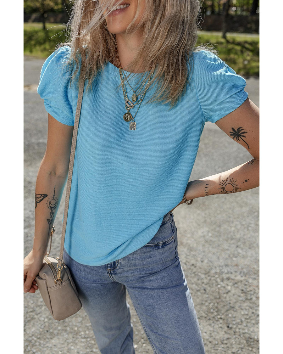 Light Blue Bubble Sleeve Solid Color Elegant T-Shirt - L