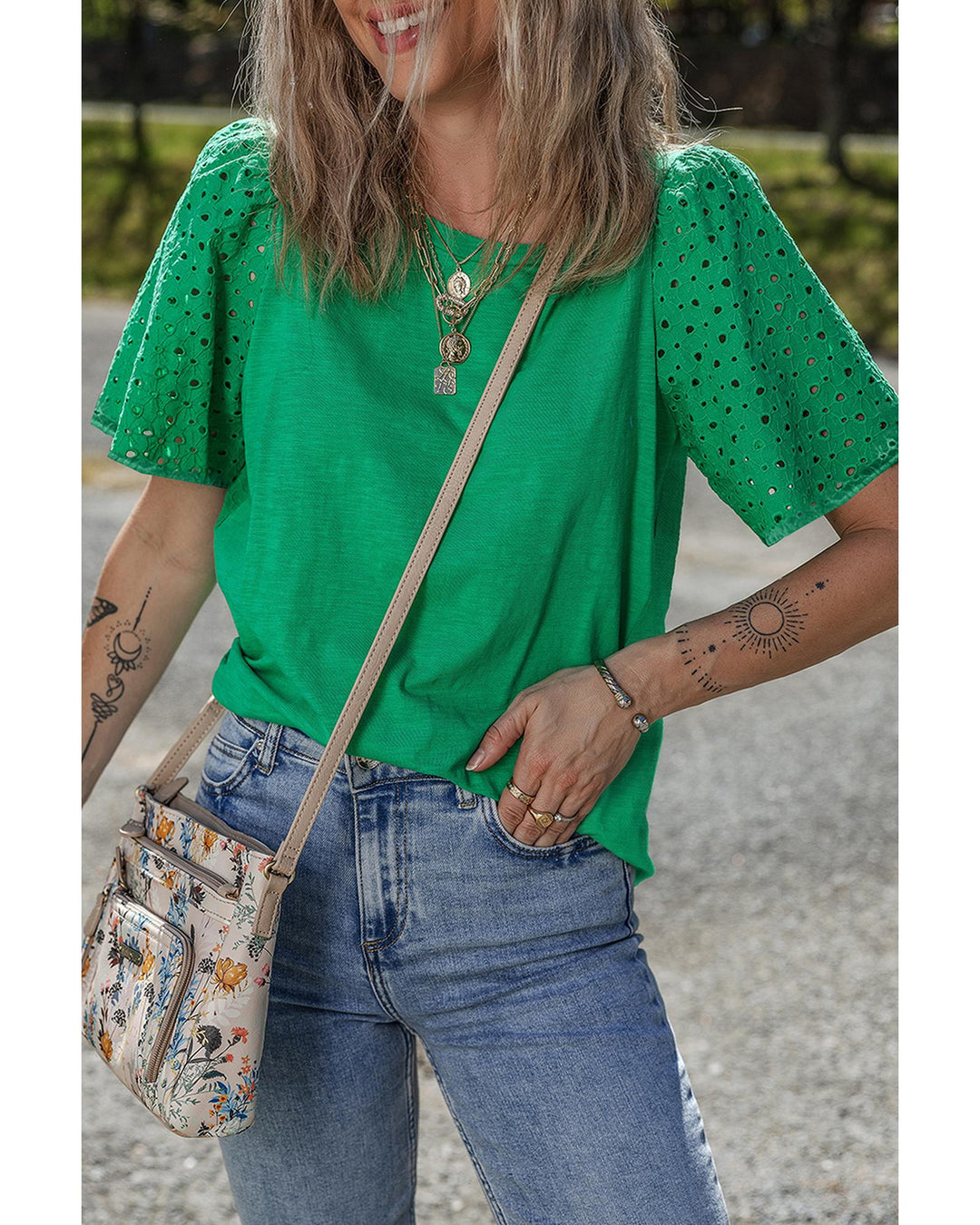 Bright Green Eyelet Embroidered Patchwork Shift Top - L