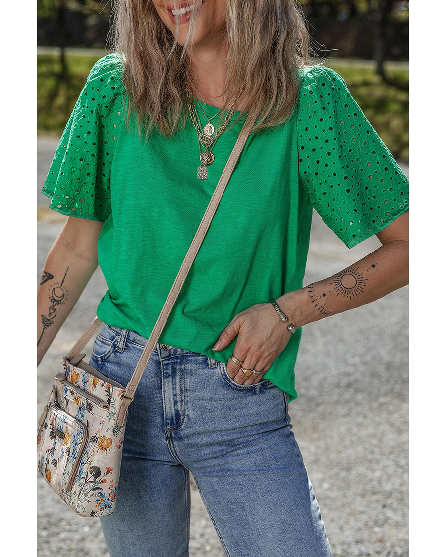 Bright Green Eyelet Embroidered Patchwork Shift Top - L