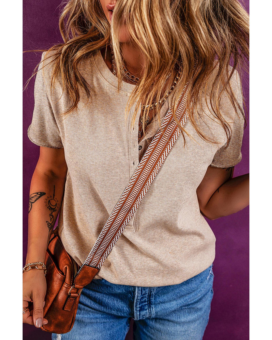 Oatmeal Short Sleeve Half Button Ribbed Knit Top - XL