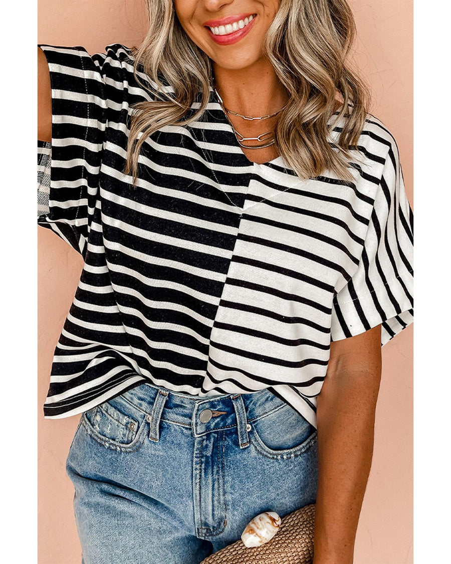 Black Stripe Two Tone Colorblock V Neck T Shirt - L