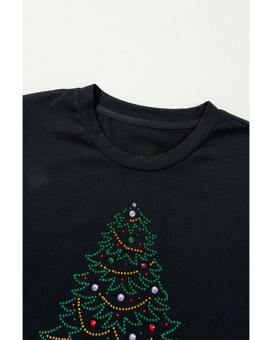 Black Rhinestone Christmas Tree Round Neck Graphic Tee - 2XL