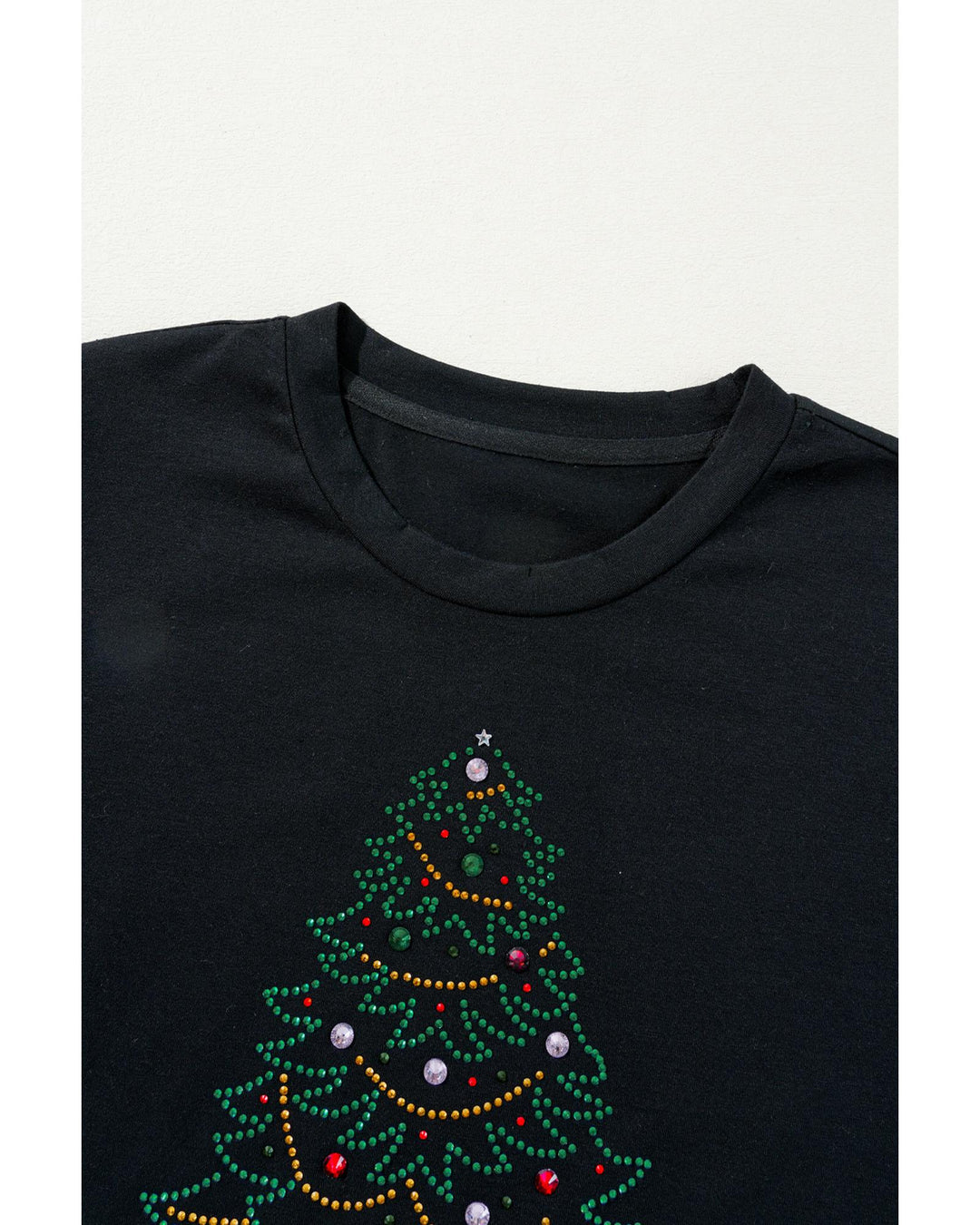 Black Rhinestone Christmas Tree Round Neck Graphic Tee - S