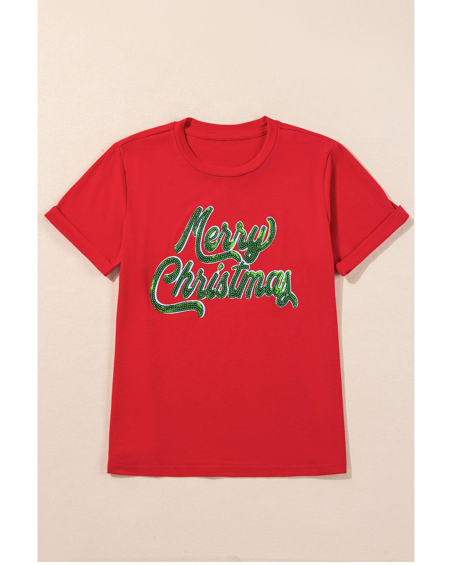 Red Merry Christmas Graphic Crewneck T Shirt - S