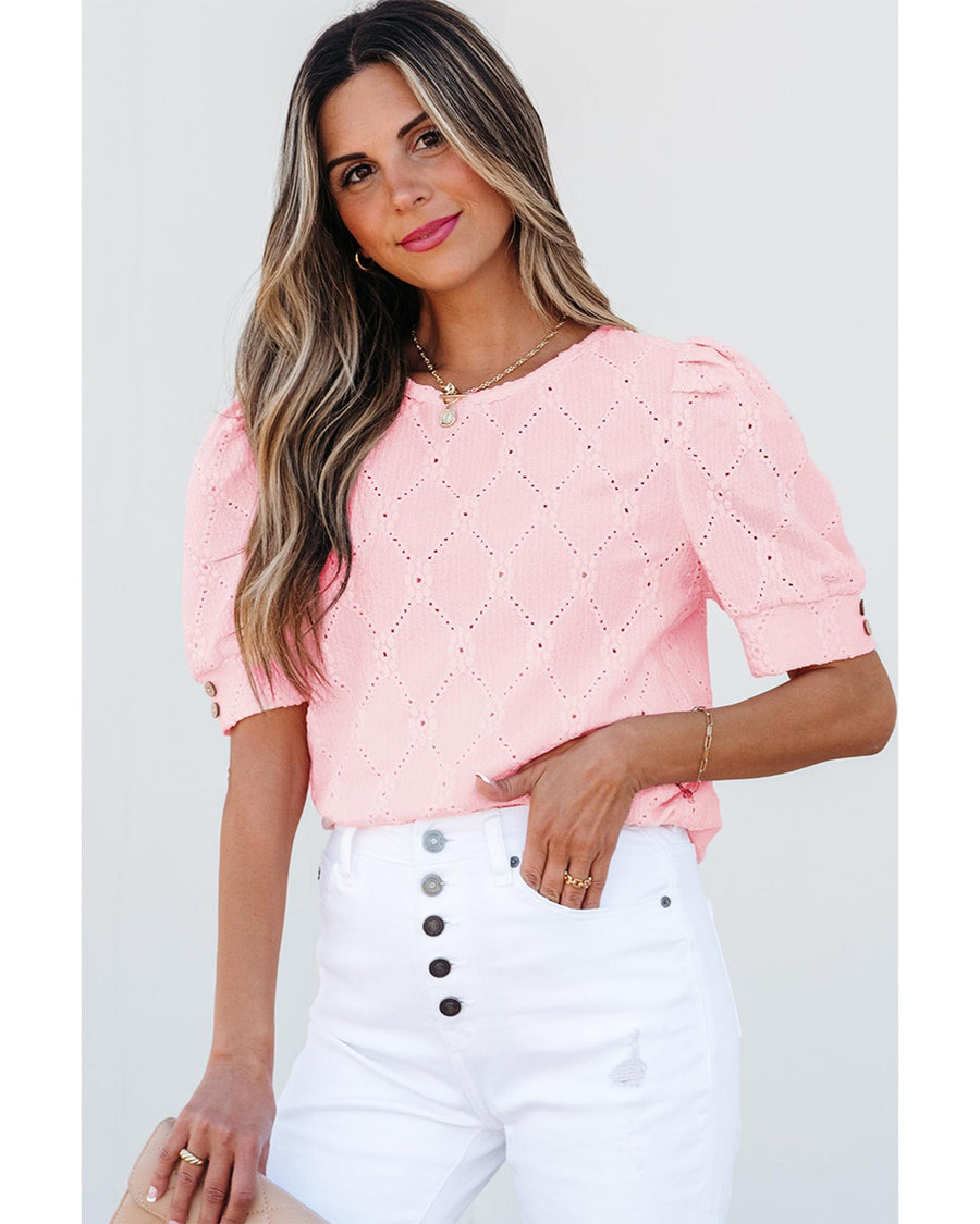 Pink Flower Geometric Textured Button Short Sleeve Top - S