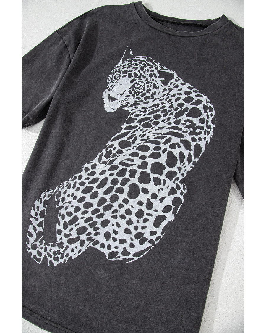 Medium Grey Vintage Cheetah Printed Mineral Wash Graphic Tee - L