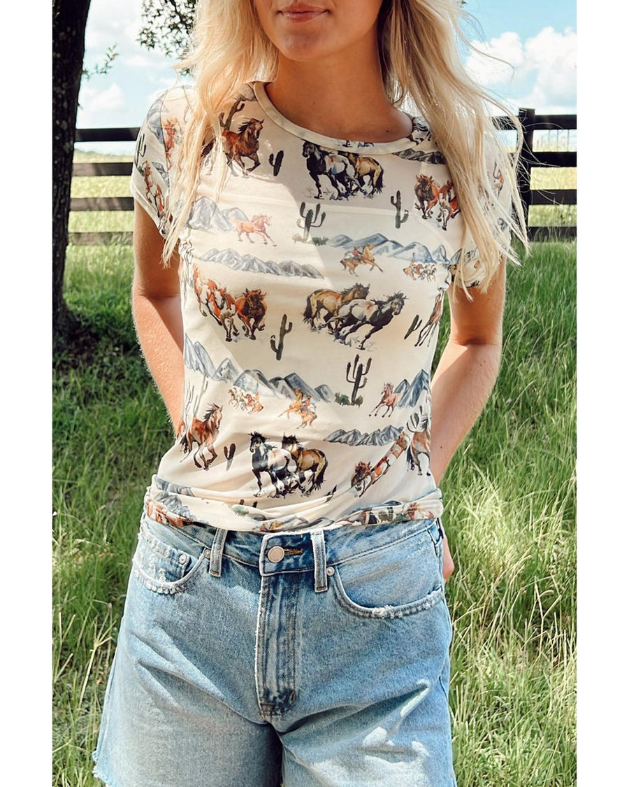 Beige Western Fashion Mustang River Printed Mesh T Shirt - XL
